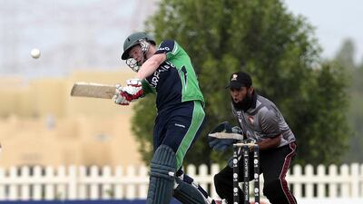 Kevin O’Brien on his way to a well-made 47 that helped Ireland to 138 for five against the UAE in Abu Dhabi on Sunday. Jeffrey E Biteng / The National