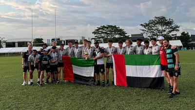 UAE U18 boys rugby sevens side after winning the Asian Under 18 Championship in Malaysia. Nicholas March / The National