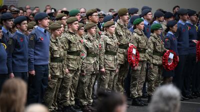 Air and army cadets observe a two-minute silence at the Cenotaph war memorial on Whitehall in central London. AFP