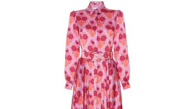 Maxi dress in pink floral-print silk, Dh10,000, Rubeus Milano