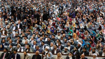epa07535676 Afghan president Ashraf Ghani (not pictured) and more than 3,000 people's representatives from all over the country attend at the opening session of Loya Jerga (Grand Council), held to discuss peace process with the Taliban, in Kabul, Afghanistan 29 April 2019. EPA/JAWAD JALALI
