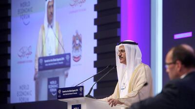 Sultan Al Mansouri, the UAE Minister of Economy, during the plenary session of the World Economic Forum Summit on the Global Agenda 2014. Mr Al Mansouri said instability in parts of the Middle East and elsewhere is the most important issue facing the world. Pawan Singh / The National