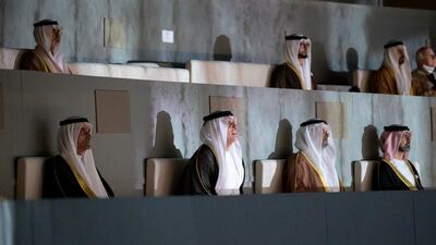 Pictured bottom, left to right, Sheikh Hamad bin Mohammed Al Sharqi, Ruler of Fujairah, Sheikh Saud bin Saqr Al Qasimi, Ruler of Ras Al Khaimah, Sheikh Sultan bin Mohamed Al Qasimi, Crown Prince of Sharjah, and Sheikh Ammar bin Humaid Al Nuaimi, Crown Prince of Ajman.