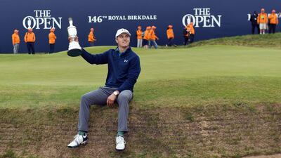 Jordan Spieth poses with the Claret Jug after winning the 2017 British Open at Royal Birkdale on Sunday. Andy Rain / EPA