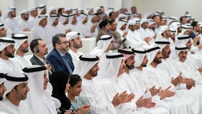 Sheikh Mohammed bin Zayed, Crown Prince of Abu Dhabi Deputy Supreme Commander of the UAE Armed Forces, attends a lecture by Razan Al Mubarak, secretary general of the Environment Agency – Abu Dhabi, titled, ’For The Love of Nature: Innovative Philanthropy for Species Conservation Worldwide’, at Majlis Mohammed bin Zayed. Seen with Sheikh Abdul Aziz bin Humaid Al Nuaimi, (L), Sheikh Saif bin Zayed, Deputy Prime Minister and Minister of Interior, Dr Amal Al Qubaisi, Speaker of the Federal National Council (3rd L), Sheikha Salama bint Mohammed (4th L), Sheikh Saud bin Rashid Al Mualla, Ruler of Umm Al Quwain (6th L), Sheikh Ammar bin Humaid Al Nuaimi, Crown Prince of Ajman (7th L) and other dignitaries. Mohammed Al Hammadi / Crown Prince Court - Abu Dhabi