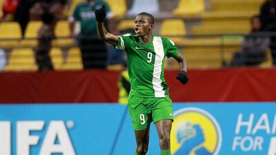 Nigeria's Victor Osimhen celebrates his goal against Mali during the 2015 U17 World Cup final in Chile on Sunday. Marcelo Hernandez / AFP