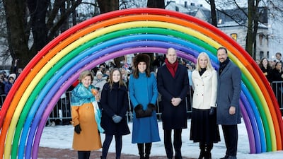 Britain's Prince William and Catherine, the Duchess of Cambridge, pose for a picture with Queen Sonja, Princess Ingrid Alexandra, Crown Princess Mette-Marit, and Crown Prince Haakon of Norway in Princess Ingrid Alexandra Sculpture Park in Oslo, Norway. Reuters