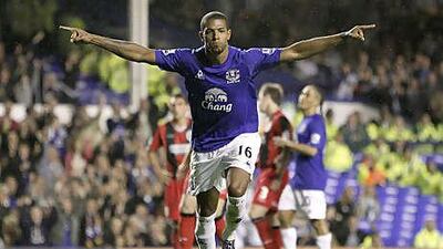 Jermaine Beckford celebrates his first goal in an Everton shirt on Wednesday night against Huddersfield. He will be looking for his first Premier League goal for the club against Aston Villa on Sunday.