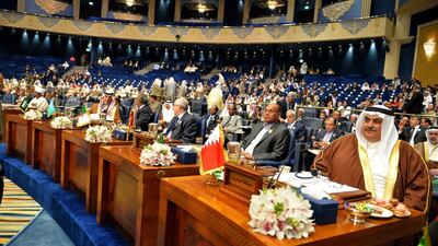 Dignitaries attend the closing session of the Arab League Summit at Bayan Palace in Kuwait on Wednesday, March 26, 2014. AP Photo / Nasser Waggi