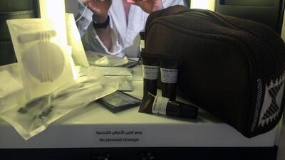 Each cabin has a large vanity mirror filled to the brim with toiletries and La Lobo skincare products. Courtesy Jonny Clark