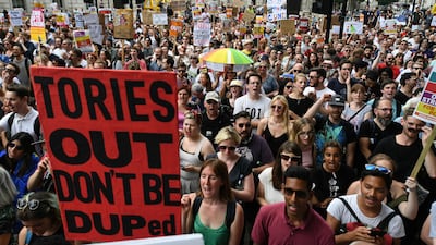 Demonstrators protesting on Downing Street in central London on June 17, 2017. Chris J Ratcliffe / AFP