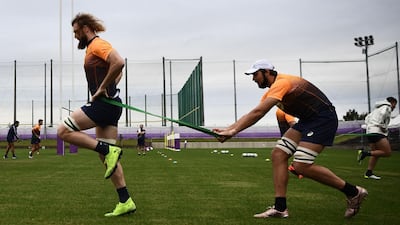 South Africa's lock RG Snyman (L) and South Africa's lock Lood De Jager take part in a training session Fuchu Asahi Football Park in Tokyo ahead of their Japan 2019 Rugby World Cup semi-final against Wales. AFP