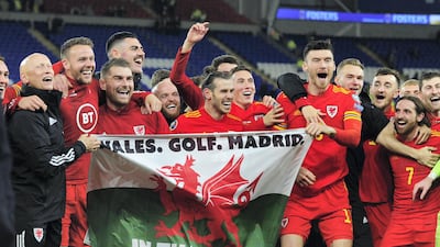 CARDIFF, WALES - NOVEMBER 19: Wales celebrate at full time during the UEFA Euro 2020 Group E Qualifier match between Wales and Hungary at the Cardiff City Stadium on November 19, 2019 in Cardiff, Wales. (Photo by Athena Pictures/Getty Images)