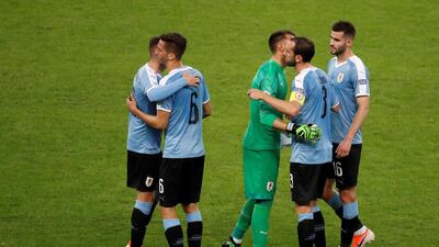 Uruguayan players greet each other after the Copa America 2019 Group C soccer match between Uruguay and Ecuador, at Mineirao Stadium in Bello Horizonte, Brazil. EPA