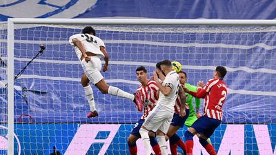 Real Madrid's forward Alvaro Rodriguez scores against Atletico Madrid. AFP