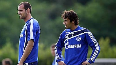 Raul, right, stands beside new teammate Christoph Metzelder at his first training session in Gelsenkirchen yesterday.