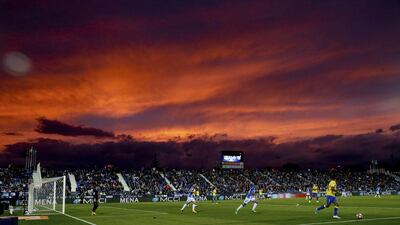 A colourfully illuminated sky during the Primera Division football match between UD Leganes and UD Las Palmas at Estadio Municipal de Butarque stadium in Leganes, Spain. EPA