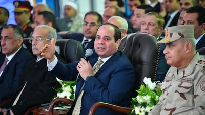 Egyptian President Abdel Fattah al-Sisi (C) speaking during a ceremony to inaugurate production of the Zohr gas field, in the city of Port Said, Egypt in January. Gas production at Egypt's 9B field will begin in October.