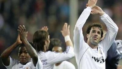 Real Madrid's Ruud van Nistelrooy celebrates after his side's win against Atletico Madrid.