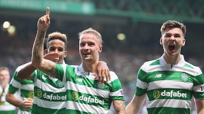 Leigh Griffiths of Celtic, centre. Steve Welsh / Getty Images / August 17, 2016