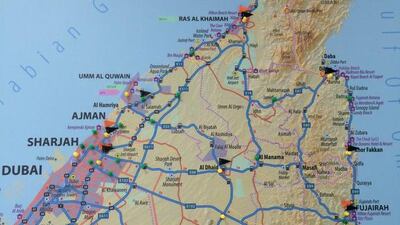 A map in the National Ambulance Control room showing the coverage area with pins indicating where the Civil Defence and ambulance bases are. Christopher Pike / The National