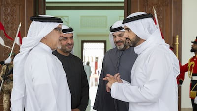 Sheikh Hamdan bin Mohammed, Crown Prince of Dubai, Deputy Prime Minister and Minister of Defence, part of the UAE delegation, speaks to Prince Salman, with Faisal Abdulaziz Al Bannai, adviser to the UAE President for Strategic Research and Advanced Technology Affairs, and Sheikh Mohamed bin Hamad, Adviser to the UAE President, looking on