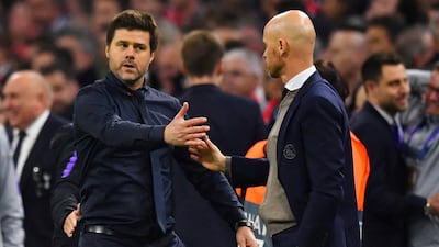Then Spurs manager Mauricio Pochettino, left, and Ajax coach Erik ten Hag after the 2019 Champions League semi-final. The pair meet again as Chelsea and Manchester United play on Wednesday. Reuters