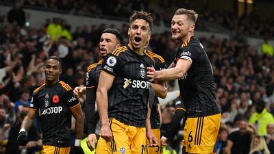 Rodrigo Moreno after scoring the third for Leeds. Getty