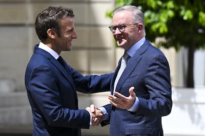 French President Emmanuel Macron, left, and Australian Prime Minister Anthony Albanese have both drawn the ire of Israel's leadership. EPA