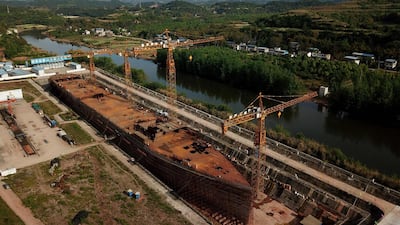 An aerial photo shows construction works on the replica of the Titanic ship which has been over six years in the making. AFP / Noel Celis