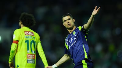 Cristiano Ronaldo of Al Nassr celebrates after scoring his first goal against Al Khaleej at Prince Mohammed bin Fahad Stadium in Dammam. Getty Images