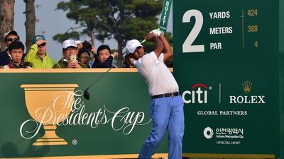 International team player Anirban Lahiri of India tees off on the 2nd hole during a practice session ahead of the 2015 Presidents Cup in Incheon, South Korea on Wednesday. Jung Yeon-Je / AFP / October 7, 2015