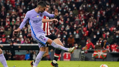 Barcelona's Ferran Torres shoots at goal. Reuters