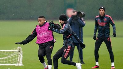 Arsenal's Gabriel Jesus and Fabio Vieira during a training session at the Arsenal Training Centre on Wednesday, March 8, 2023, ahead of their Europa League clash with Sporting Lisbon. PA