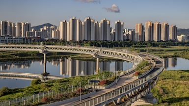 The Geumgang Pedestrian Bridge, a two-storey structure spanning the Geumgang Lake, is split into levels for pedestrians and cyclists. Photo: Sejong Culture and Tourism Foundation