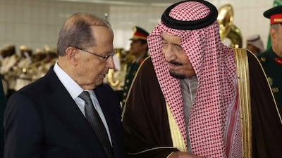 Saudi King Salman chats with Lebanon's President Michel Aoun in Riyadh, Saudi Arabia, January 10, 2017. Dalati Nohra/Handout via Reuters