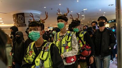 Volunteer medics are seen during a demonstration inside a shopping mall on December 24, 2019 in Hong Kong, China. Anthony Kwan/Getty Images
