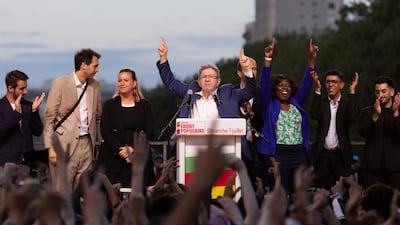 Leader of La France Insoumise Jean-Luc Melenchon addresses the crowd after the announcement of the results in Paris. EPA