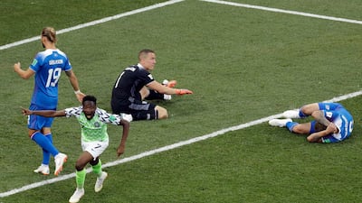 Ahmed Musa celebrates after scoring his side's opening goal. Themba Hadebe / AP Photo