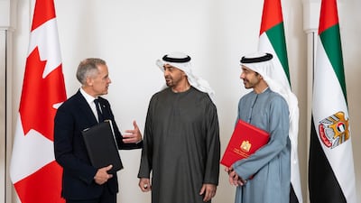 UAE President Sheikh Mohamed with Canadian Prime Minister Mark Carney and Sheikh Abdullah bin Zayed, UAE Deputy Prime Minister and Minister of Foreign Affairs, at Al Shati Palace. Photo: UAE Presidential Court