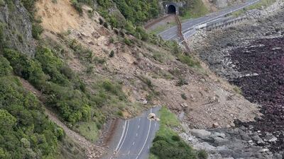 Earthquake damage on State Highway One near Ohau Point on the South Island’s east coast. Mark Mitchell / New Zealand Herald Pool Photo via AP