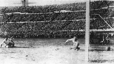 Uruguay score a goal during their 4-2 win over South American rivals Argentina in the first World Cup final on July 30, 1930. Getty Images