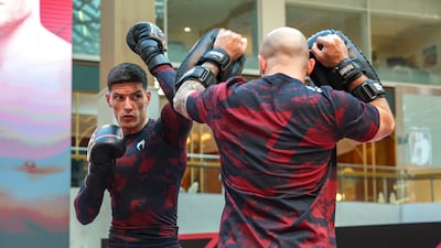 Islam Dulatov on the pads at the UFC open workouts at Yas Mall. All pictures by Victor Besa / The National