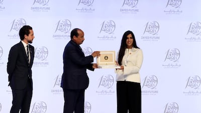 Winner Bahrain Bayan School (Asia) at the Zayed Future Energy Prize awards ceremony as part of Abu Dhabi Sustainability Week. Chris Whiteoak / The National
