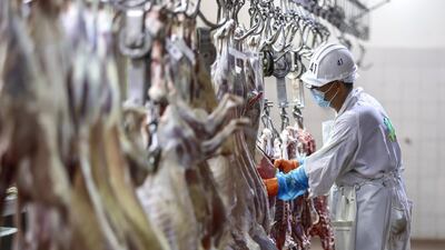 A butcher prepares the cleaned goats to be segmented to customer specifications at Abu Dhabi Public Slaughter House. Victor Besa / The National