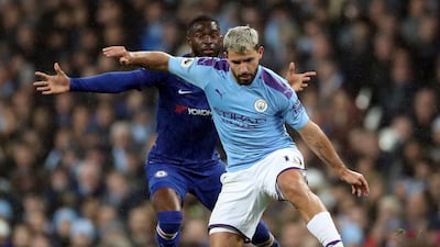 Manchester City's Sergio Aguero in action with Chelsea's Fikayo Tomori. Reuters