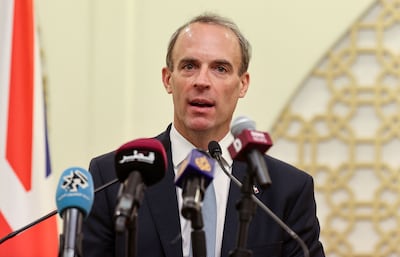 Britain's Foreign Secretary Dominic Raab speaks at a press conference in Doha. AFP