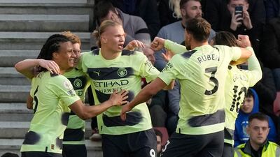 Erling Haaland, centre, scored twice for Manchester City against Southampton to take his tally to 30 Premier League goals. AP