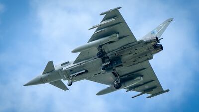 A Typhoon fighter jet in the skies above the Amari Airbase in Estonia. Here a squadron of RAF Typhoon jets are deployed on Operation Azotize the UK's commitment to NATO's Baltic Air policing mission. Picture date: Thursday July 27, 2023. PA Photo. This year's deployment began in March 2023. The RAF has conducted an annual NATO air policing mission since the NATO Warsaw Summit of 2014. See PA story DEFENCE Estonia. Photo credit should read: Jane Barlow/PA Wire