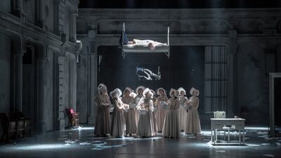 When she sleeps, Tatyana's bed soars through the air and maidens populate the stage to echo her sentiments in chorus. Photo: Dubai Opera